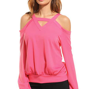 Sexy Long Sleeve Cold Shoulder V Neck Halter Blous